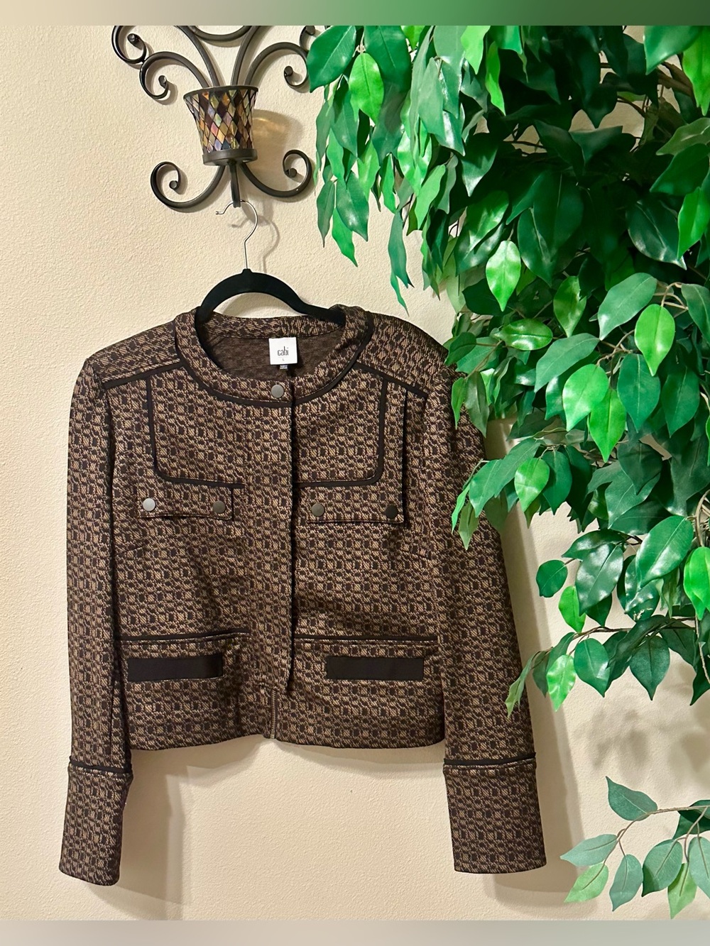 CAbi Brown Black Geometric Jacket Button Pockets Style 4494 Size L